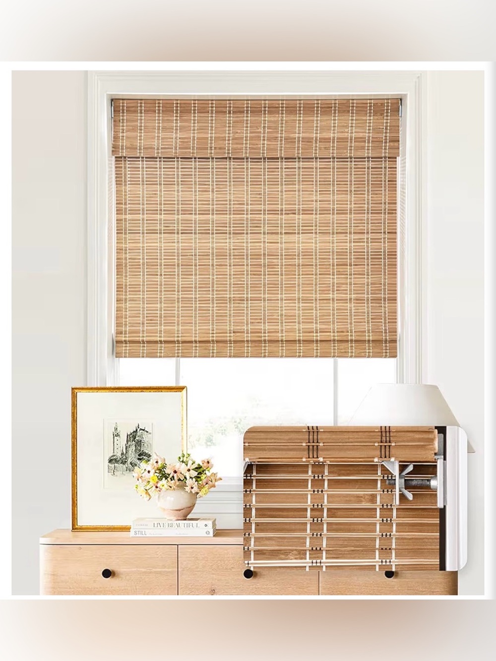 LazBlinds 25 x 72 No Drill Cordless Bamboo Roman Shades Brown Light Filtering